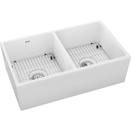 Elkay Fireclay 33" x 19-15/16" x 9" Equal Double Bowl Farmhouse Sink Kit White SWUF32189WHC